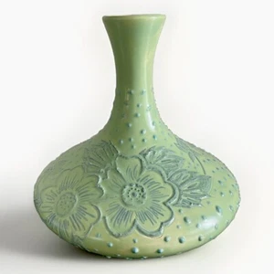 Unique Light Green Vase - Vintage Hand Painted Dotted Florals Decorative Vase - Picture 1 of 9