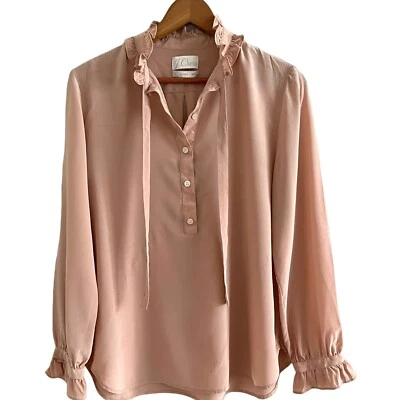 J Crew Silk Tie Neck Ruffled Blouse Size 10 Dusty Pink Quiet Luxury Minimalist - Image 1 of 4