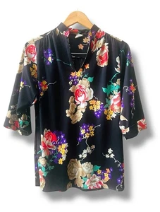 Vintage Jane Holly Blouse Sz 10 Black Multi-color Flowers V-Neck USA Union Made - Picture 1 of 9