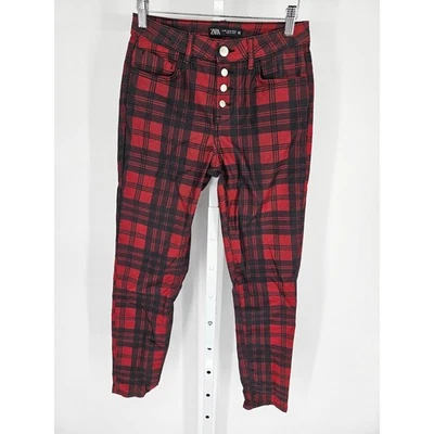 Pantalones Zara Mujer Talla 4 Pierna Ajustada Cintura Alta Rojo Negro Cuadros Grunge Foto 1 de 3