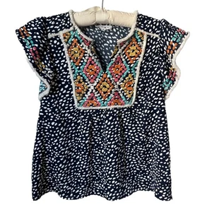 Top THML Azul Lunares Estilo Mexicano Bordado Flecos Bordado S Pequeño Festival - Imagen 1 de 9