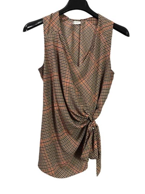 New York & Company Faux Wrap Top Tie Sleeveless XL Plaid  - Image 1 of 4