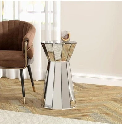 Mirrored Round Drum End Table Modern Side Table Silver Accent Diamond Table   - Image 1 of 4