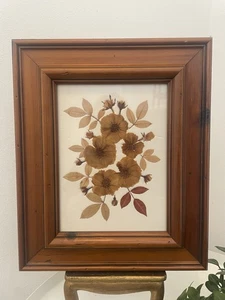1980s Dried Flowers Art Cottage Garden Pine Framed Floral Roses - Picture 1 of 3