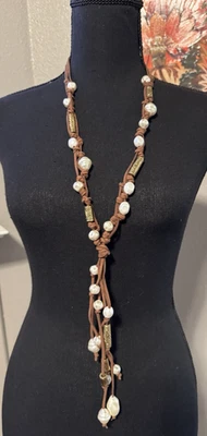 Chicos Brown Leather Chain Pearl Gold Tone Beads 23" Long Statement Necklace NEW - Image 1 of 4