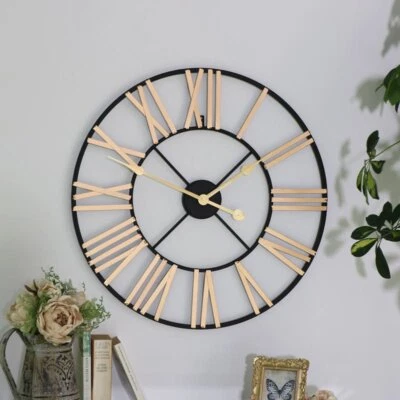 Reloj de pared esqueleto de oro negro números romanos reloj redondo jardín exterior Foto 1 de 3