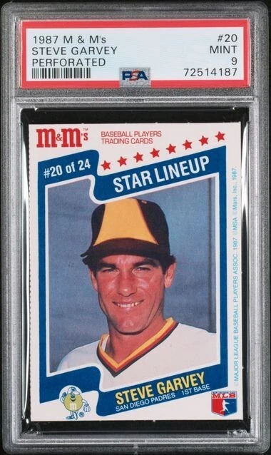 1987 M&M's Perforated #20 Steve Garvey Padres graded PSA 9 Mint Pop. 6 - Image 1 of 1
