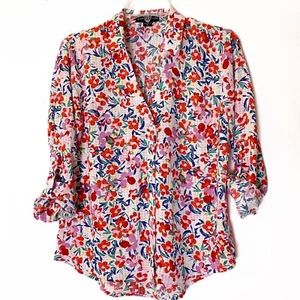Popover Floral Blouse Roll Tab Sleeve Multicolor Top Size S Simply Styled - Picture 1 of 10