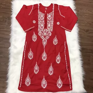 Bimba Women Size 40 Hand-Embroidered Straight Kurta Kurti Cherry Red Cotton - Picture 1 of 8