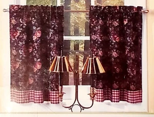 NIP Rich Floral Plaid Tier Pair 56x36 Cottage Granny Core Decorative Curtains - Picture 1 of 8