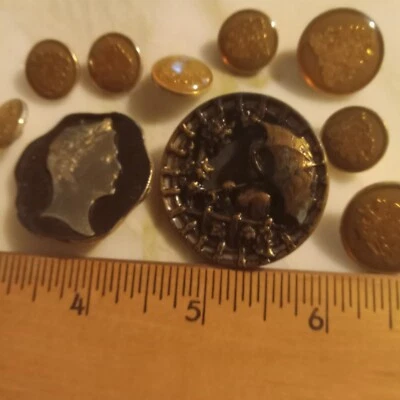 Vintage Metal Button Lot Girl W/ Umbrella, Fluted Napolean, Domed Gold Crest Set - Image 1 of 4
