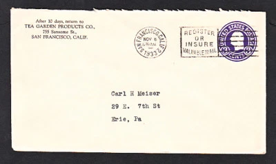 U436a POSTAL ENVELOPE COVER SAN FRANCISCO TO ERIE PENNSYLVANIA 1933 - Image 1 of 2