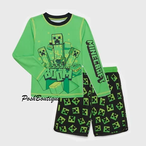 Boys Minecraft Swim Trunks Rash Guard Set Short Swimsuit 4 5 6 7 8 10 12 Creeper - Picture 1 of 6