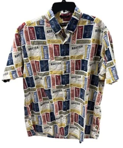 Nautica Shirt Mens Size XL Button Up Camp All Over Print Spell Out Cotton Rayon - Picture 1 of 4