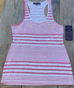 ALMOST FAMOUS Striped TANK TOP w/Clear SEQUINS~Size XL~PINK & White NWT Flawed - Picture 1 of 9