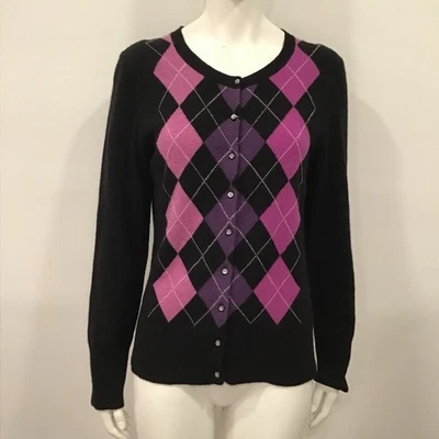 Apt 9 Sweater Womens Sz Medium 100% Cashmere Black Button Up Cardigan Argyle - Изображение 1 из 4