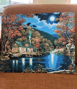 Malen nach Zahlen Vintage 16x20 fertig ungerahmt Landhaus Scheune am See Kunstwerk - Bild 1 von 7