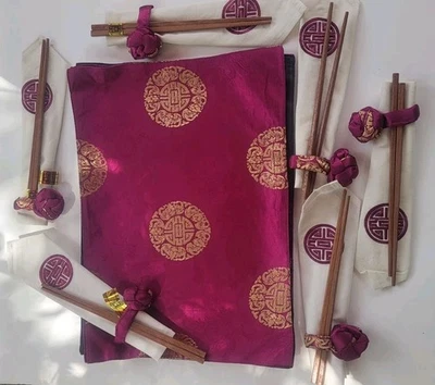 Asian  Placemats Chopsticks & Napkins Set Magenta &Gold Table Setting For 6 New - Image 1 of 4