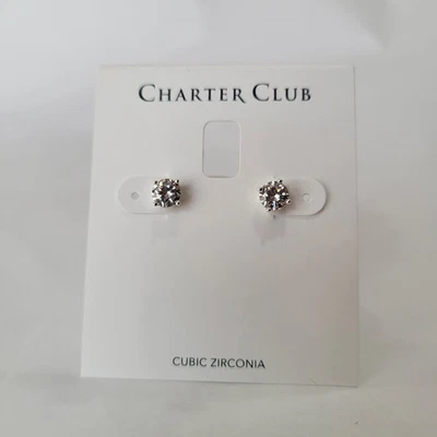 Brincos redondos de prata fina Charter Club com placa de zircônia cúbica novos com etiquetas - Imagem 1 de 4