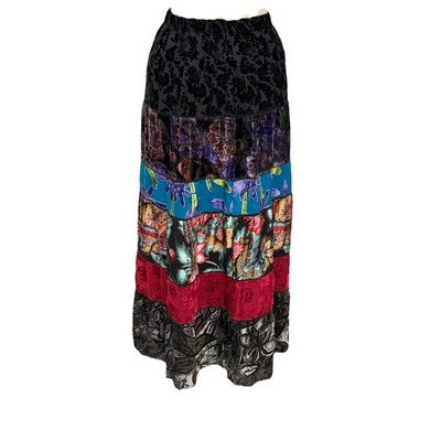 Maxi Falda Terciopelo Chicos 0 (Pequeña EE. UU.) Negra Mezcla Seda Burnout Patchwork Boho Foto 1 de 4