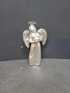 ❤️ Vintage Engel Ornament Silber Gips oder Kreide mit Metallflügeln Holdind A Bird - Bild 1 von 4