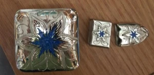 SQUARE Concho 3-piece Buckle Set - Silver Plated with Turquoise (#JTS/T-SQ1) - Picture 1 of 2