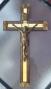 ANTIQUE WOOD MOTHER OF PEARL INLAY BRASS CRUCIFIX CONVENT WALL CROSS ART DECO - Picture 1 of 8