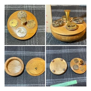 Vintage Home Made Wood Trinket Box Round with Lid And 4 Antique Watch Movements - Picture 1 of 13