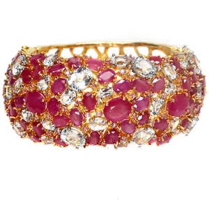 Natural Red Ruby, White Topaz & Pink Sapphire Bangle 925 Silver Sterling - Picture 1 of 5