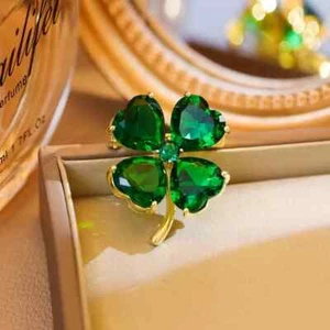 Shamrock Green Rhinestone 4 Leaf Clover Vintage Pin Brooch Jewelry Gifts USA - Picture 1 of 5