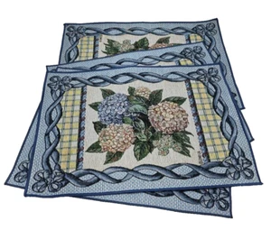 Vintage LENA LIU 4 Tapestry Placemats Hydrangea Blue Floral Granny Cottagecore - Picture 1 of 16