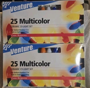 2- VINTAGE VENTURE 25 MULTICOLOR CERAMIC C9 LIGHT SETS COOL BURNING NEW IN BOXES - Picture 1 of 8