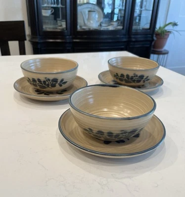 Pfaltzgraff FOLK ART Soup Cereal Bowl #009 Tan and Blue With Saucers - Image 1 of 4