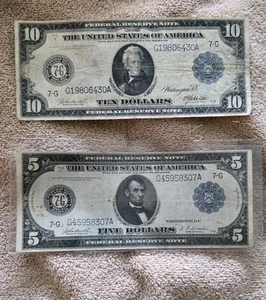 Set of 1914 $5 $10 Federal Reserve Note Large Size Blue seal - Picture 1 of 2