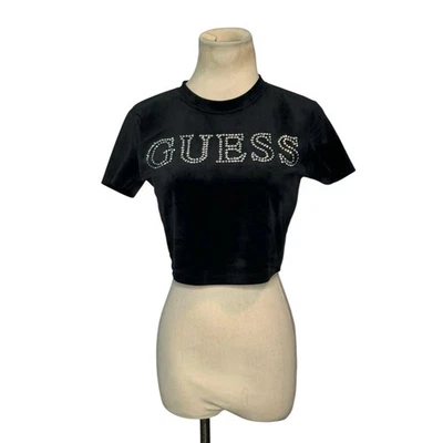 Guess Negro Terciopelo Estrás Logo Delantero Manga Corta Camiseta Talla XS Foto 1 de 4