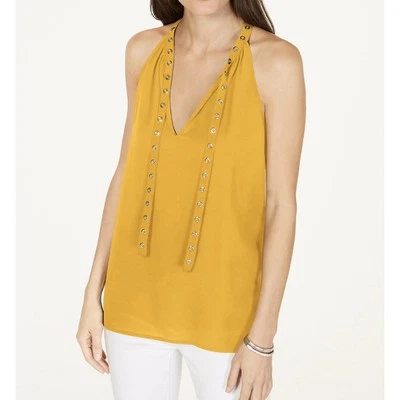 Camiseta sin mangas Michael Kors con ojal y corbata amarilla cuello en V fluida primavera S Foto 1 de 4