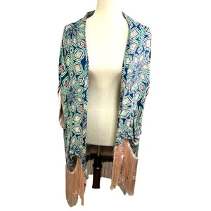 Democracy Pink, Blue, Aqua Open Front Boho Kimono with Silky Pink Fringe Size L - Picture 1 of 5