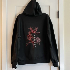 Sweatshirt Hoodie Chinese Characters Oversize Graphic Black XL Skateboard Flower - Picture 1 of 13