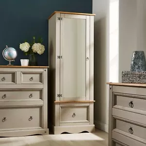 Wardrobe 1 Door Mirrored 1 Storage Drawer Solid Wood Grey Corona Pine Armoire - Afbeelding 1 van 1