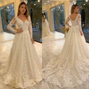 Elegant Vintage Wedding Dresses with Long Sleeves V Neck Ivory Lace Bridal Gowns - Picture 1 of 7