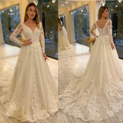 Elegant Vintage Wedding Dresses with Long Sleeves V Neck Ivory Lace Bridal Gowns - Image 1 of 4