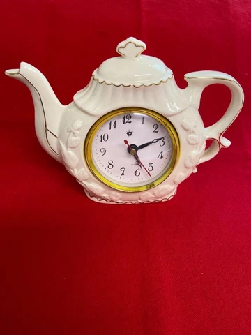 Vintage White Porcelain Gold Trim Teapot Desk Clock 6" x 7" w Second Hand Cover