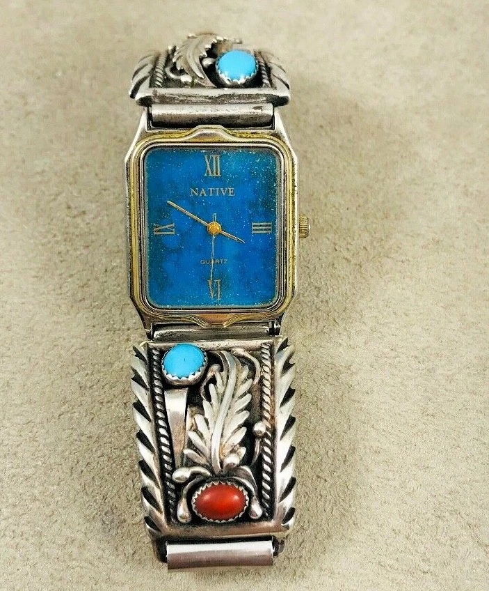 Puntas de reloj grandes Navajo Skyway Trading Co turquesa esterlina coral con reloj Foto 1 de 4