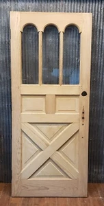 Newly Stripped Arched Glass Cross Hatch Panel Exterior 33 1/2" x 78 1/2" GA9563 - Picture 1 of 8