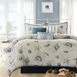 BLUE SHELLS 7pc Cal King COMFORTER SET : COASTAL OCEAN HOUSE TROPICAL BEACH - Picture 1 of 6