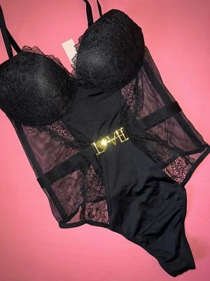 Bodysuit Victoria's Secret 32C/34B S TEDDY peça única renda preta dourada AMOR SEXY - Imagem 1 de 3