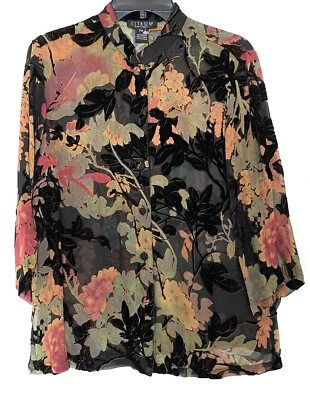 CITRON SANTA MONICA Burnout Velvet Chiffon Silk Rayon Mandarin Collar Shirt PM - Image 1 of 4