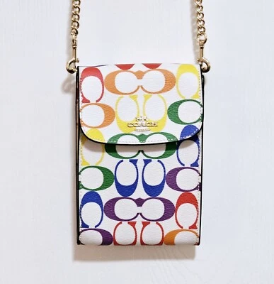 Bolsa tiracolo Coach 2398 Rachel assinatura arco-íris telefone cartão de crédito dourado - Imagem 1 de 4