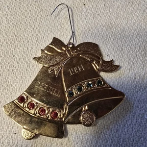 Vintage 1994 Cargill Messing Weihnachtsschmuck Doppelglocken mit Strass... - Bild 1 von 3