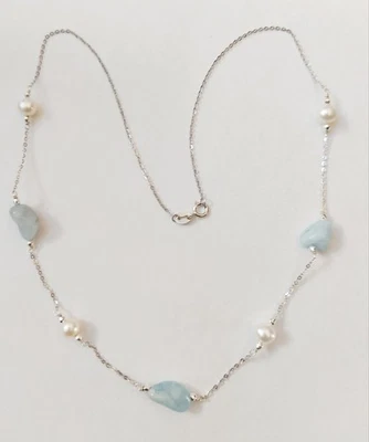 Collana in argento 925 rodiata con acquamarina perle bianche ed ematite dorata - Immagine 1 di 4